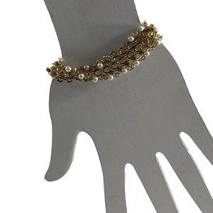 Gold Tone Faux Pearl Multi Chain Bracelet Vintage Style 7" Long 1" Wide